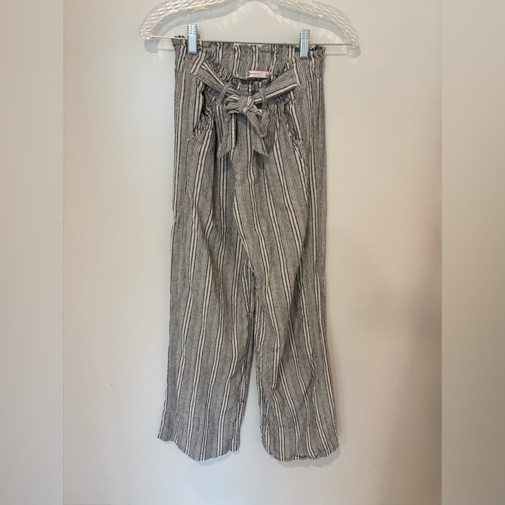 Wide Leg High Rise Linen Paper Bag Pants Navy Blue White Vertical Stripes Small